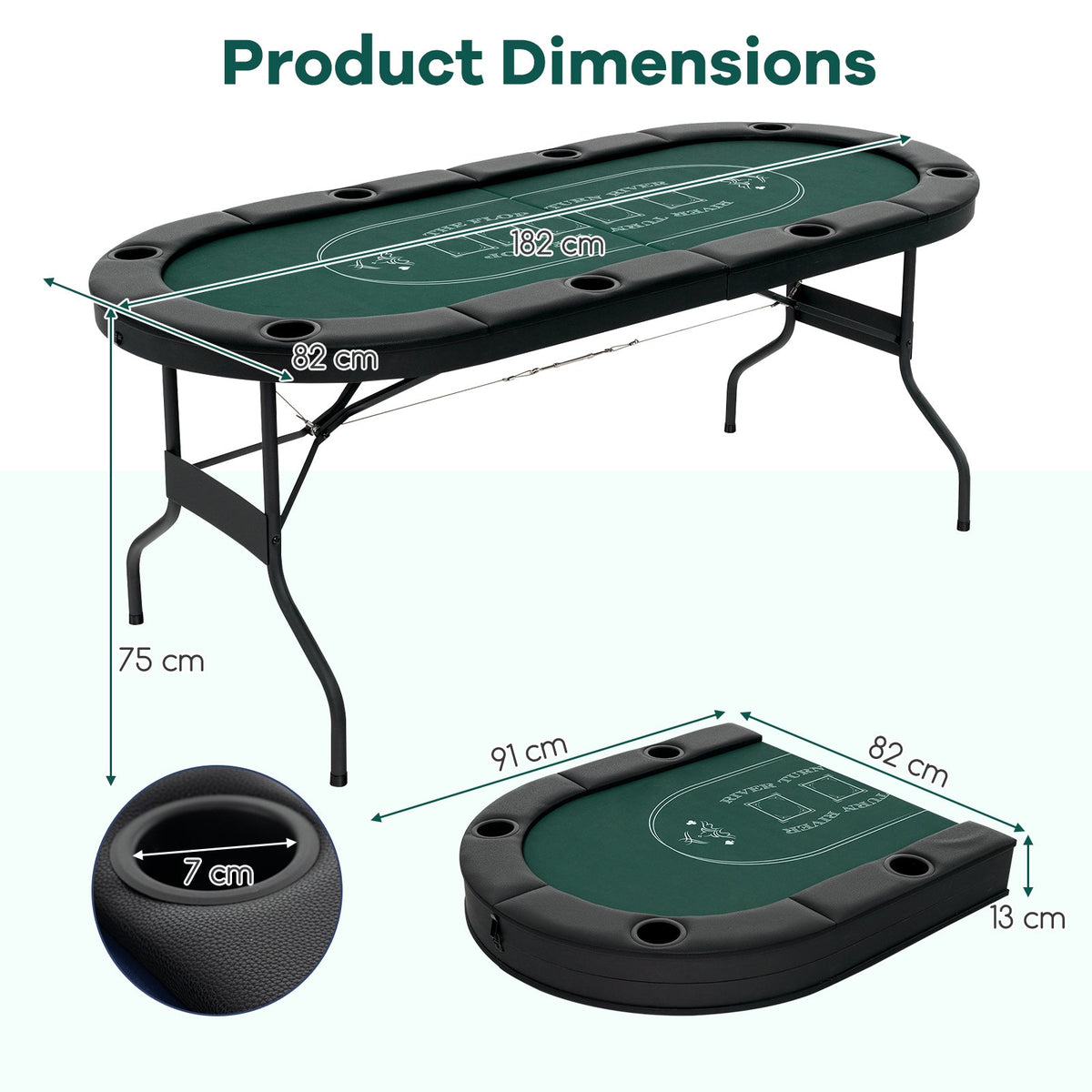 Foldable Poker Table for 8 Players Portable Oval Card Board with Cup Holders-Black