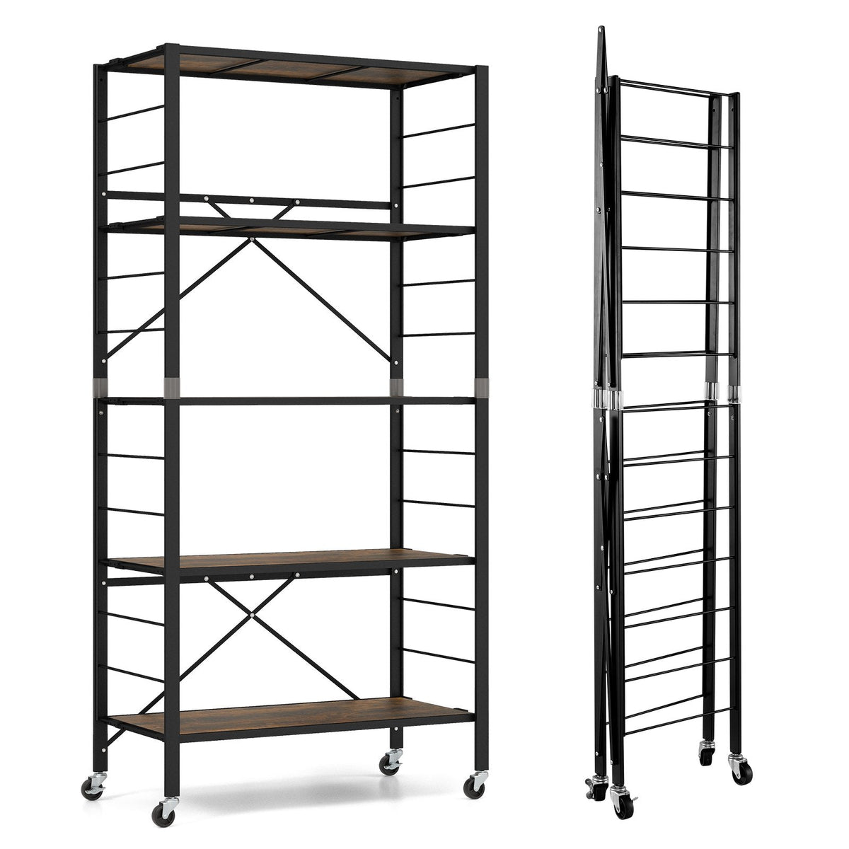5-Tier Foldable Shelving Unit Metal Shelves with Detachable Wheels-Natural