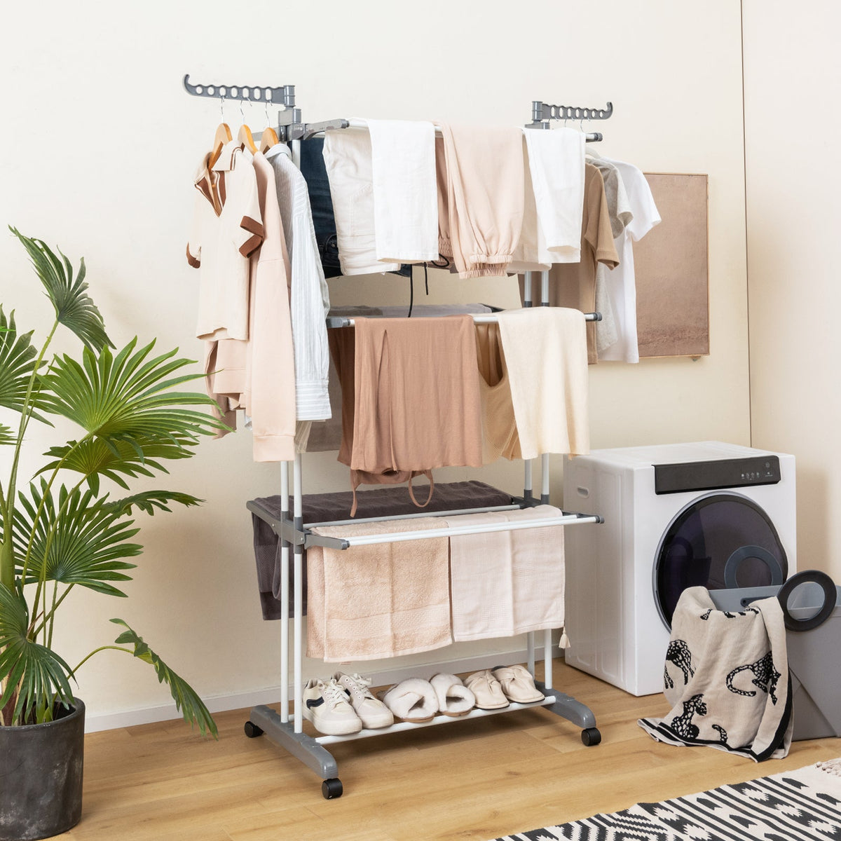 4-Tier Foldable Airer Clothes Drying Rack with Wings and Casters-Blue
