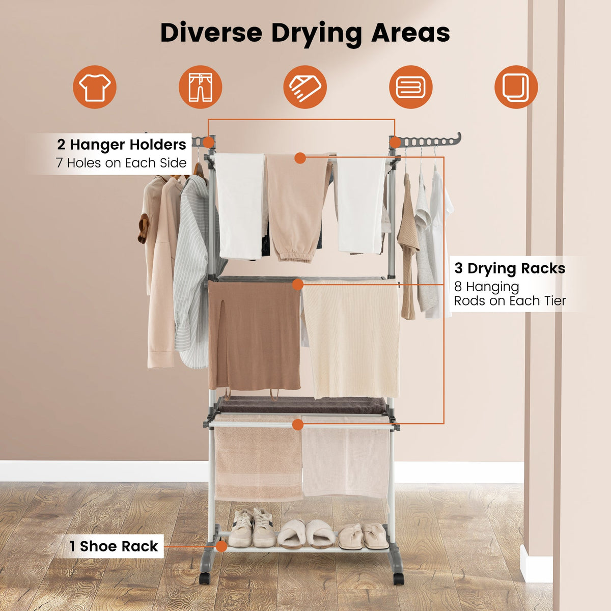 4-Tier Foldable Airer Clothes Drying Rack with Wings and Casters-Blue