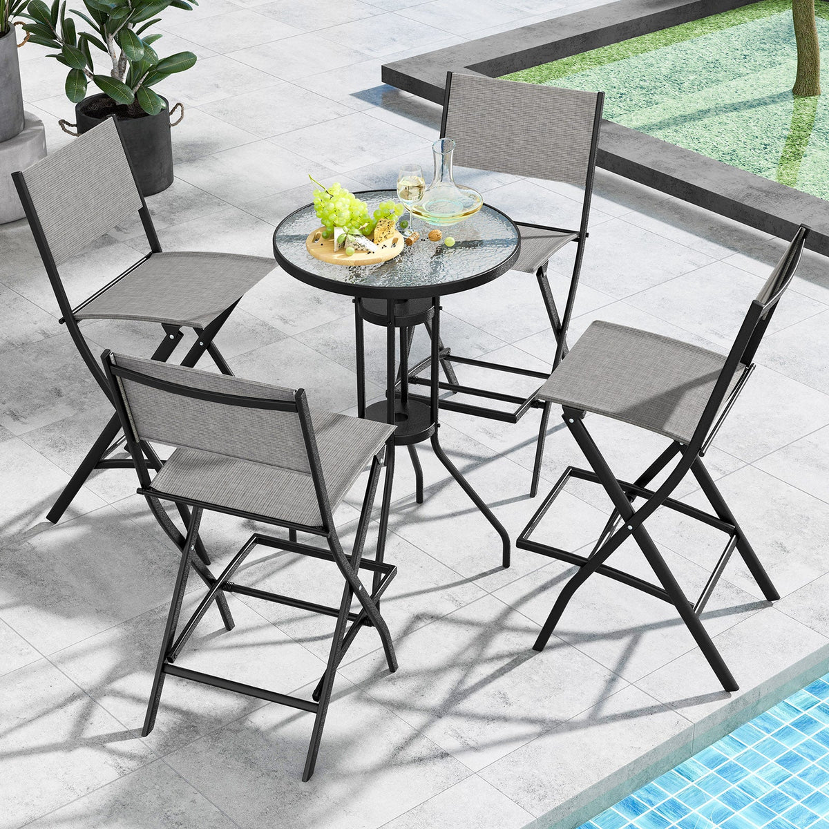Folding Outdoor Bar Chair Set of 4 with Metal Frame and Footrest-Black