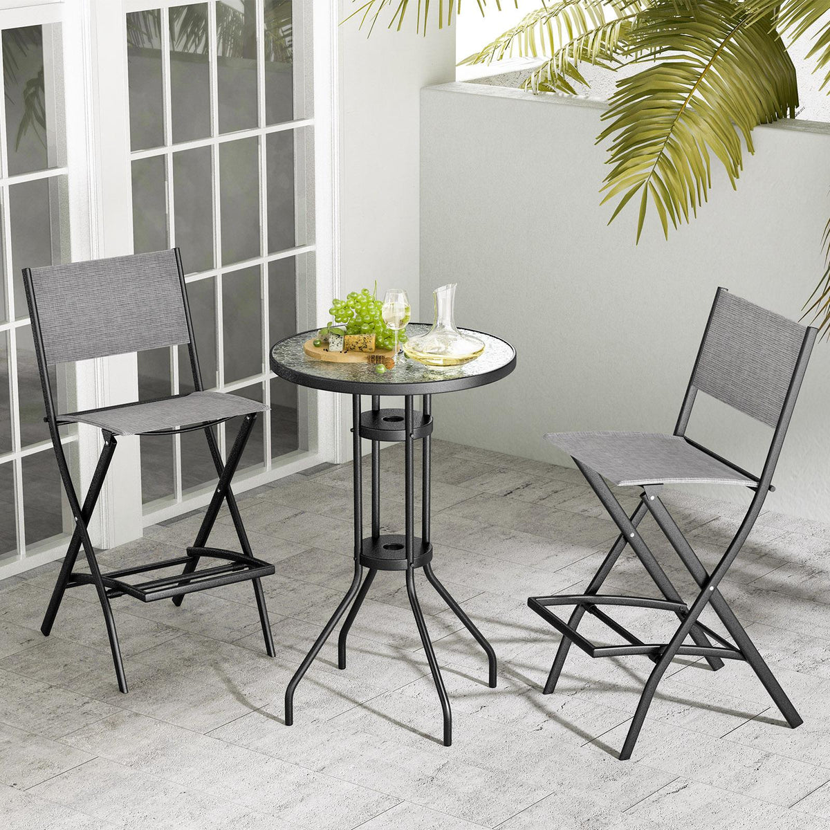 Folding Outdoor Bar Chair Set of 4 with Metal Frame and Footrest-Black