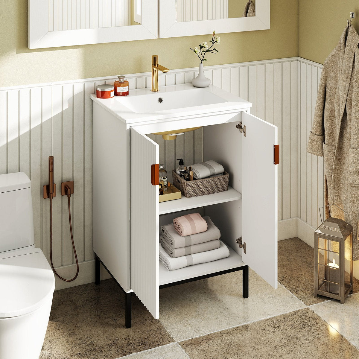 Freestanding Bathroom Vanity Cabinet with Sink and Adjustable Shelf-White