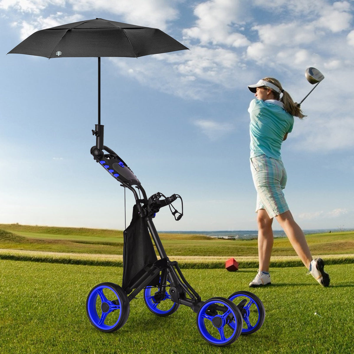 Golf Push Pull Cart with Waterproof Bag and Foot Brake-Blue
