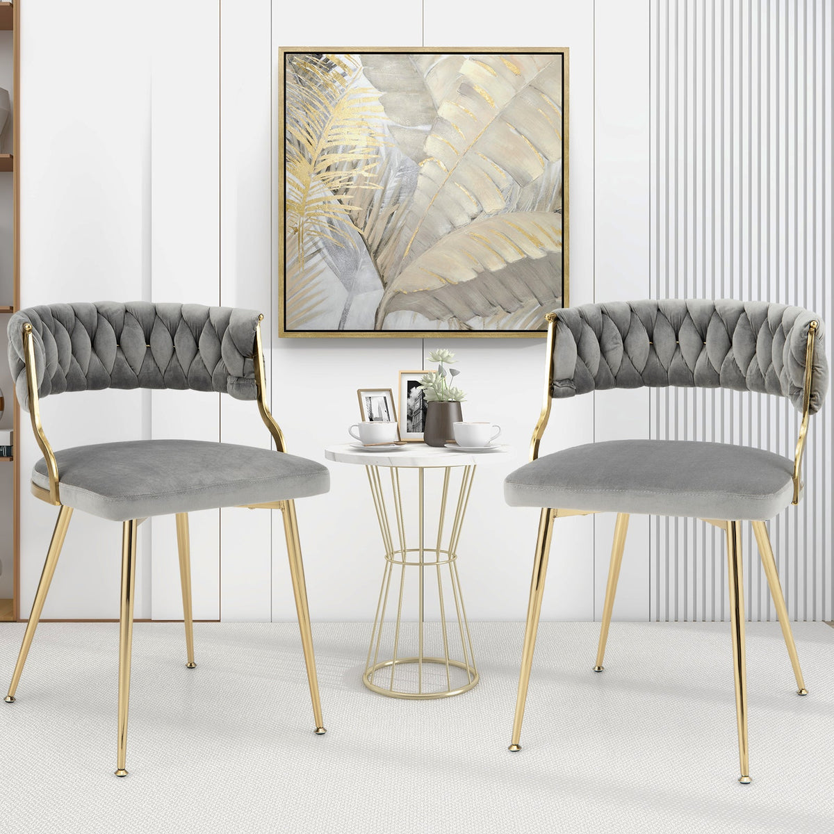 Set of 2 Velvet Dining Chair with Metal Legs and Woven Back-Grey