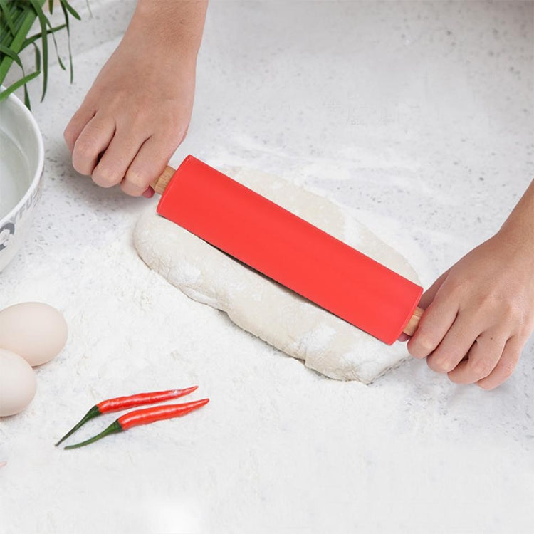 kn055 Solid Wooden Handle Silicone Rolling Pin Non-stick Food Dumpling Stick, Length: 29cm, Random Color Delivery, 29cm