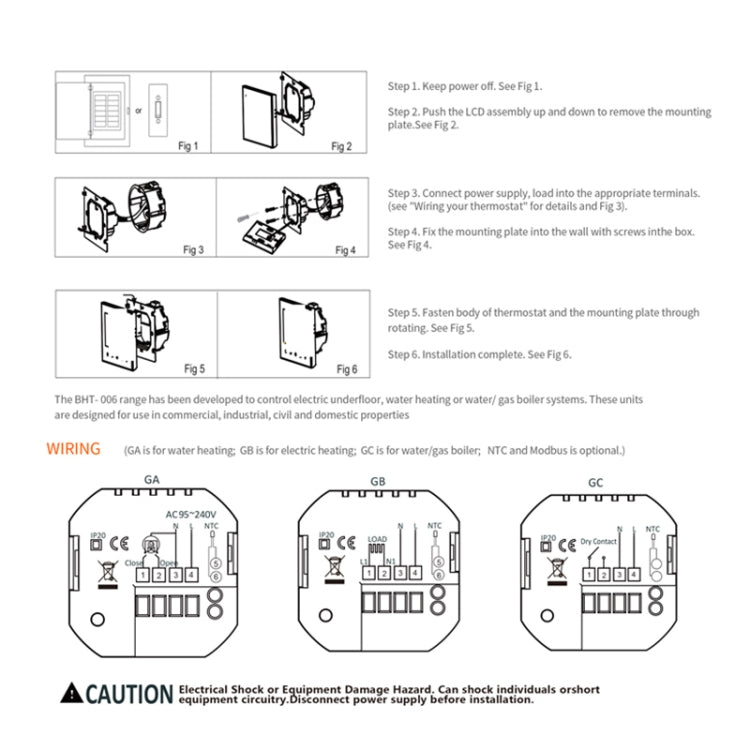 BHT-006GBLW 95-240V AC 16A Smart Home Heating Thermostat for EU Box, Control Electric Heating with Only Internal Sensor & External Sensor & WiFi Connection, BHT-006GBLW