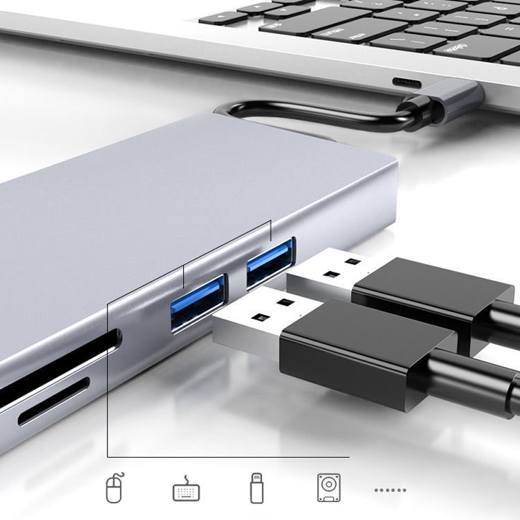 HW-TC12 8 In 1 Type-C / USB-C Multifunctional Extension HUB Adapter Hdmi / Vga Hub Card Reader + Network Card