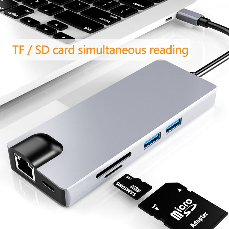 HW-TC12 8 In 1 Type-C / USB-C Multifunctional Extension HUB Adapter Hdmi / Vga Hub Card Reader + Network Card