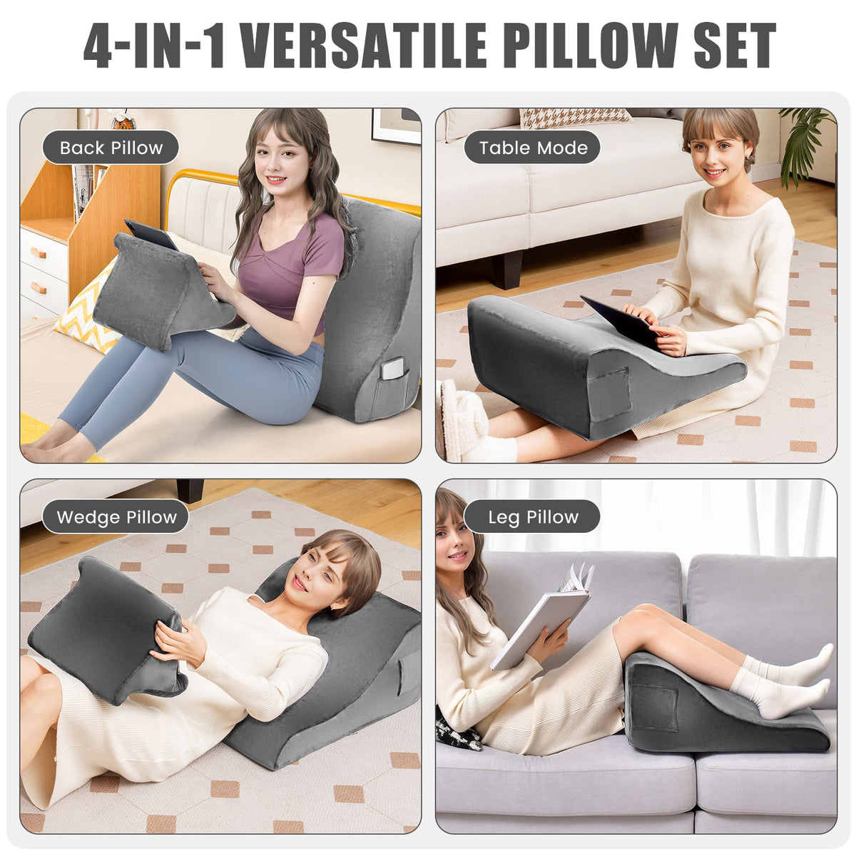 Wedge Pillow Set with Tablet Pillow Stand and SidePockets-Brown