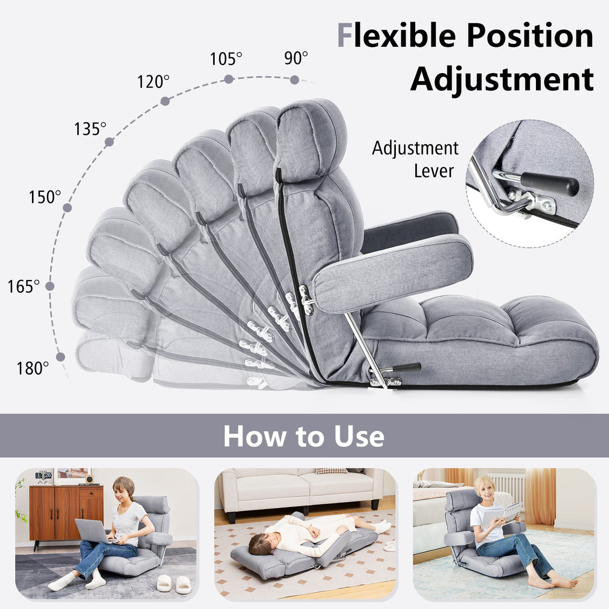 Ergonomic Sofa Lounger Chair with Stepless Adjustment Back-Blue