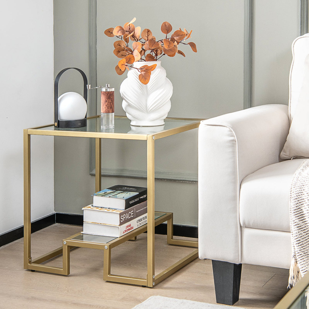 2-Tier Snack Table with Golden Metal Frame and Tempered Glass Tabletop