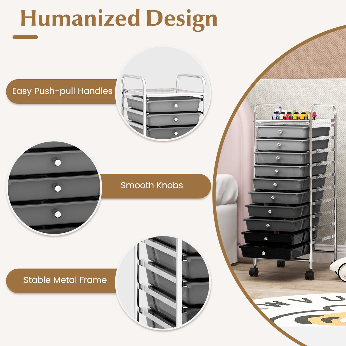 10 Drawers Mobile Storage Trolley with 4 Wheels for Beauty-Black