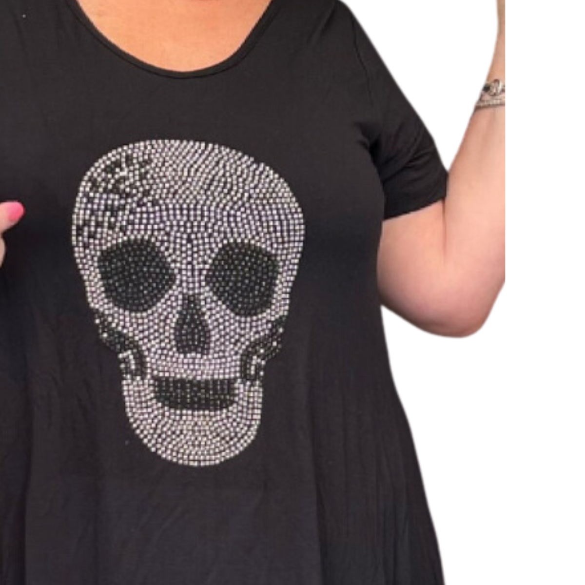 Short Sleeve Hanky Hem Studded Skull Long Length Top