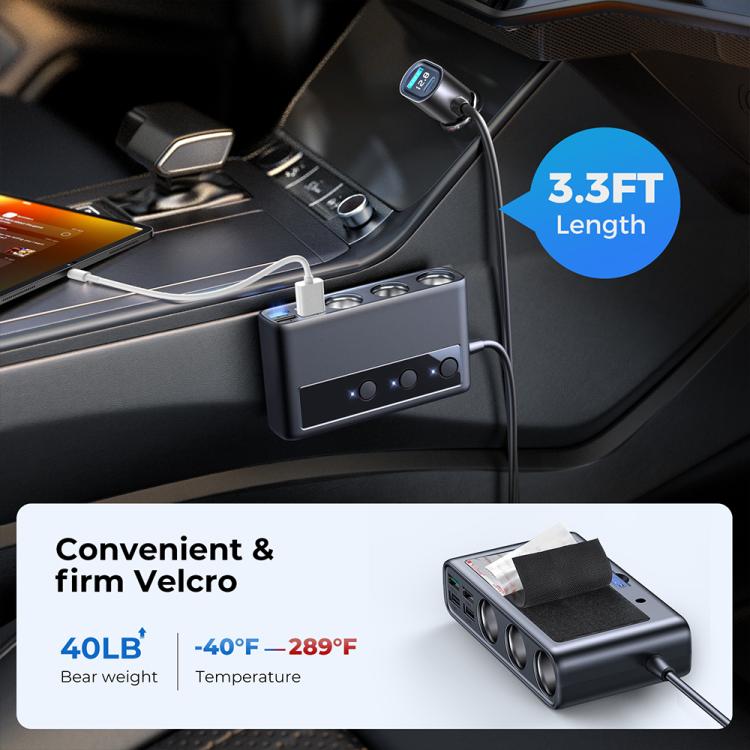 JOYROOM JR-CL06 9 in 1 210W PD USB-C / Type-C + Dual QC3.0 USB + 3 USB + 3 Cigarette Lighter Holes Digital Display Car Charger, JR-CL06