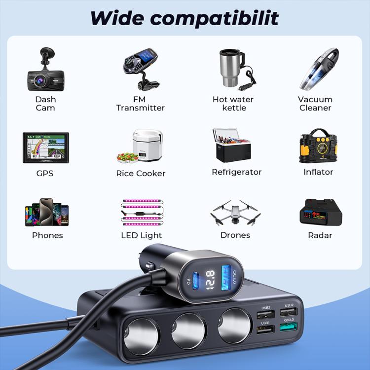 JOYROOM JR-CL06 9 in 1 210W PD USB-C / Type-C + Dual QC3.0 USB + 3 USB + 3 Cigarette Lighter Holes Digital Display Car Charger, JR-CL06