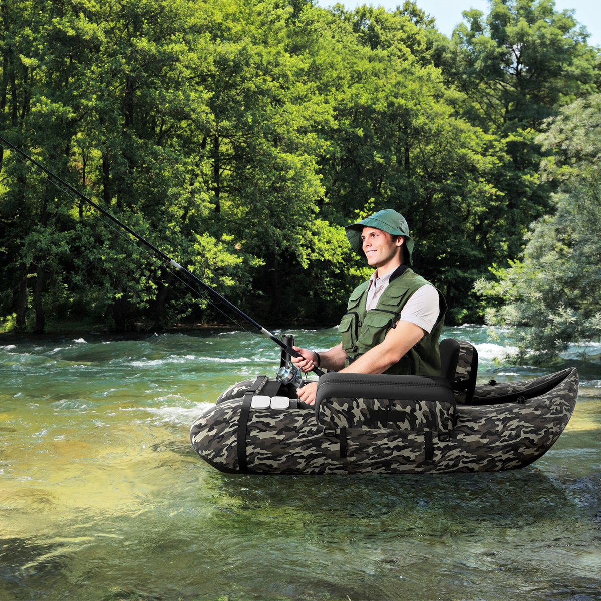 Inflatable Fishing Float Tube with Pump, Paddle, Storage Pockets-Beige