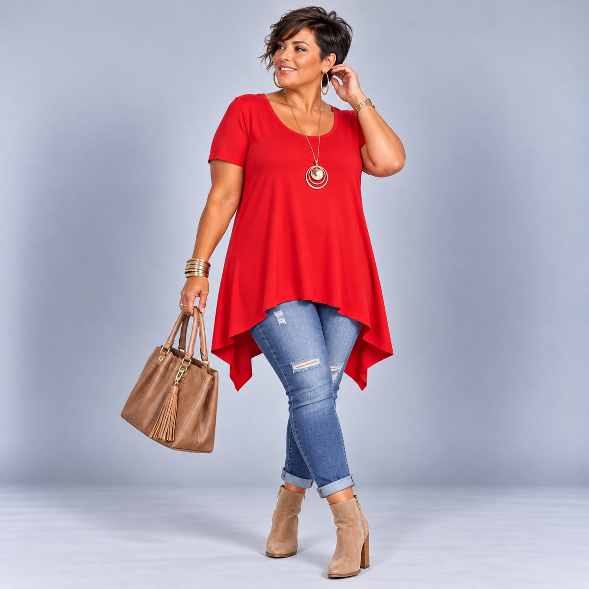 Plain Short Sleeve Hanky Hem Swing Top
