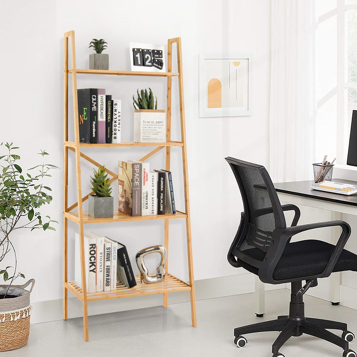 4-Tier Freestanding Bookcase with Anti-Toppling Device for Living Room-Natural