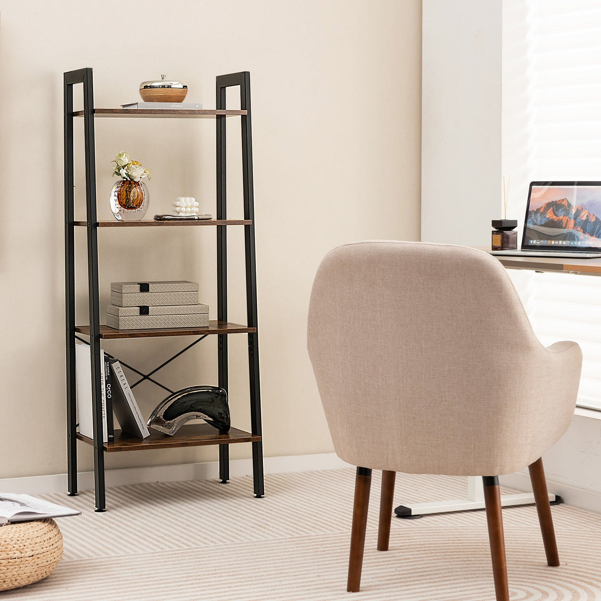 4-Tier Bookshelf with Metal Frame-Rustic Brown