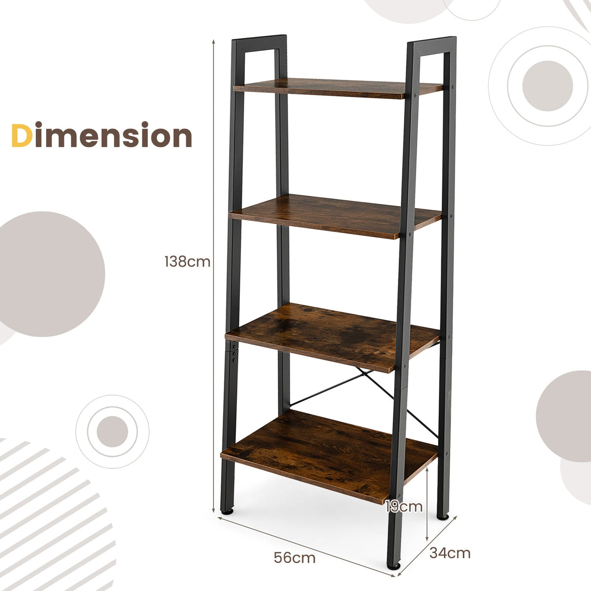 4-Tier Bookshelf with Metal Frame-Rustic Brown