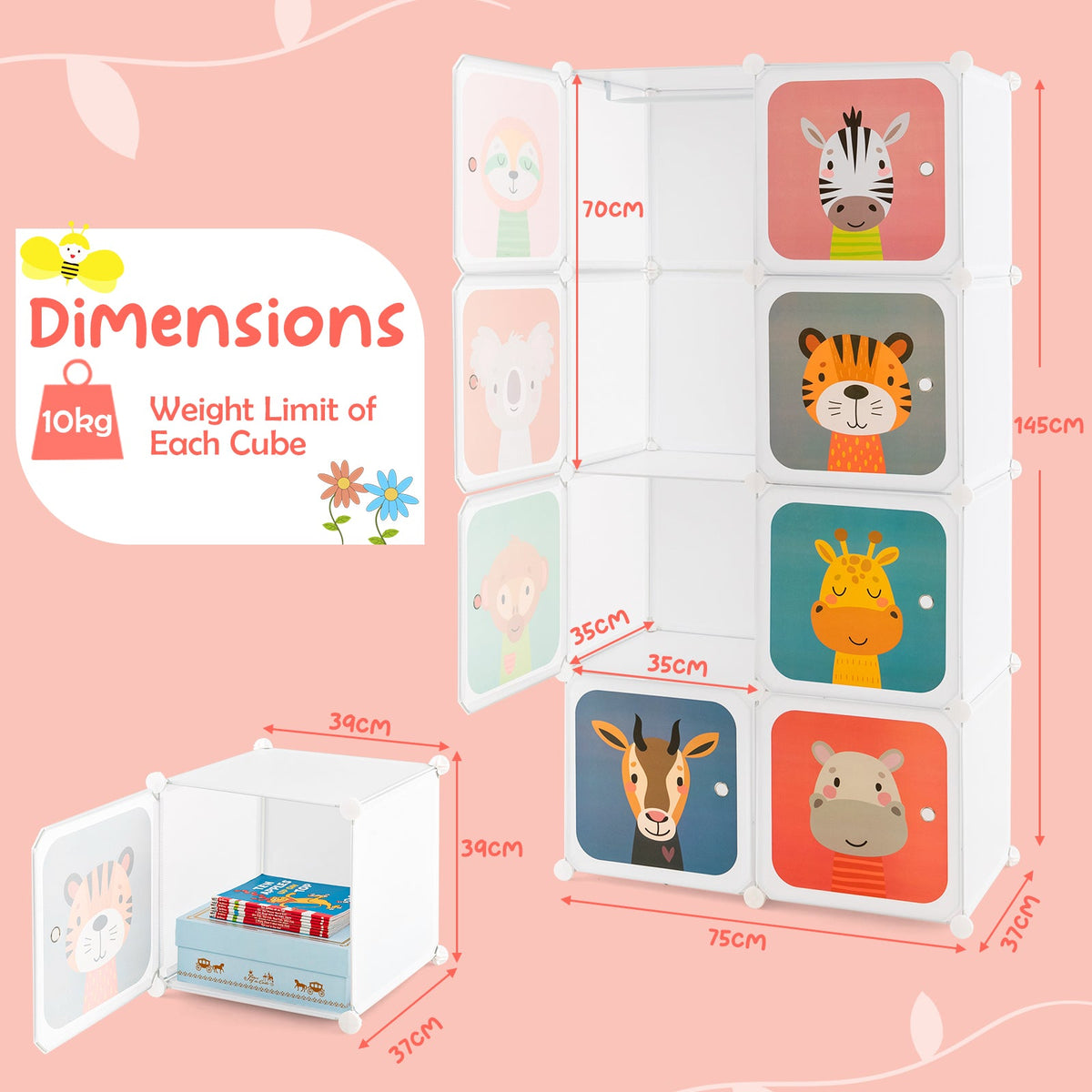 8-Cube/12Cube Portable Kids Wardrobe with Hanging Section-8 Cube