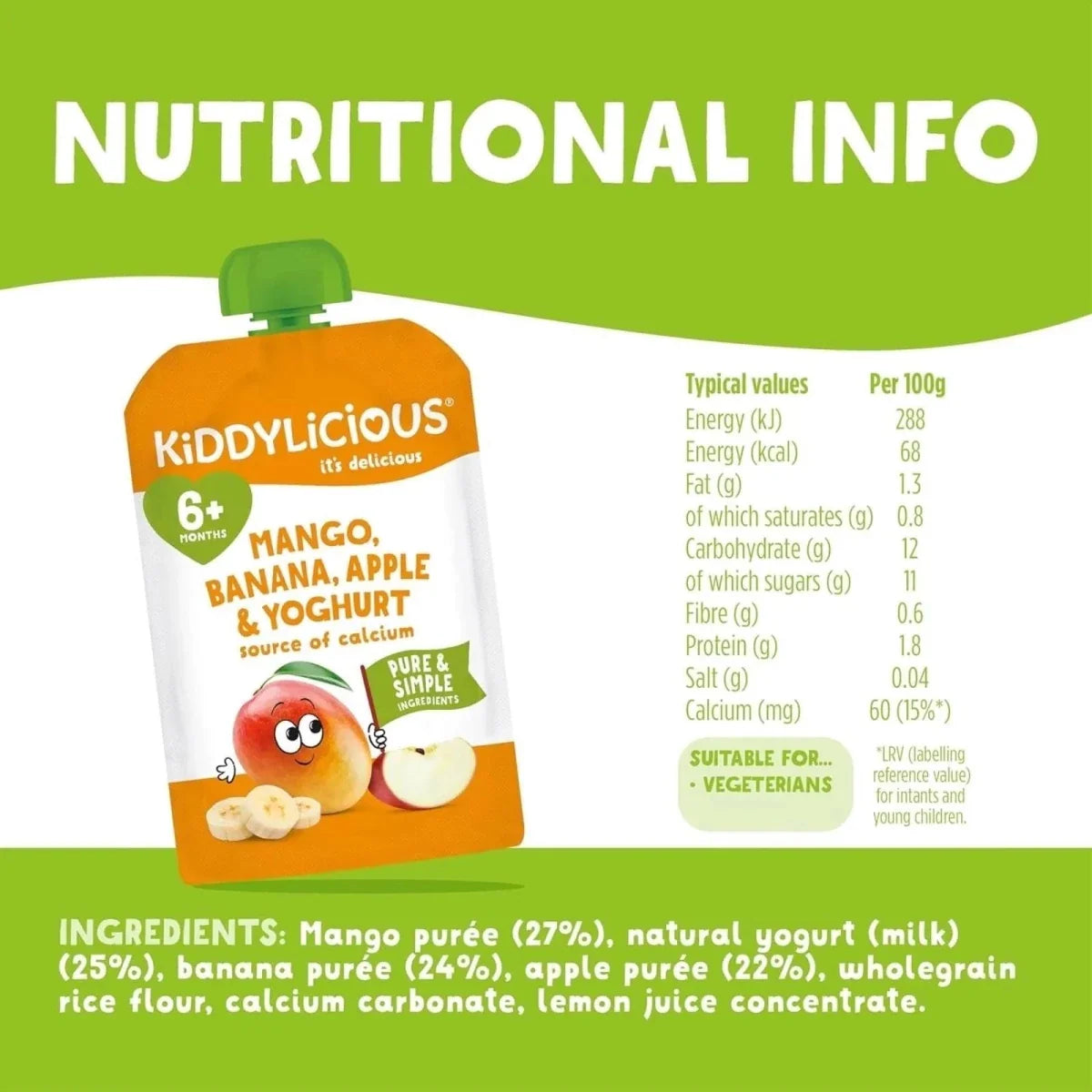 Kiddylicious Pouches Mango Yogurt 6+ months 100g