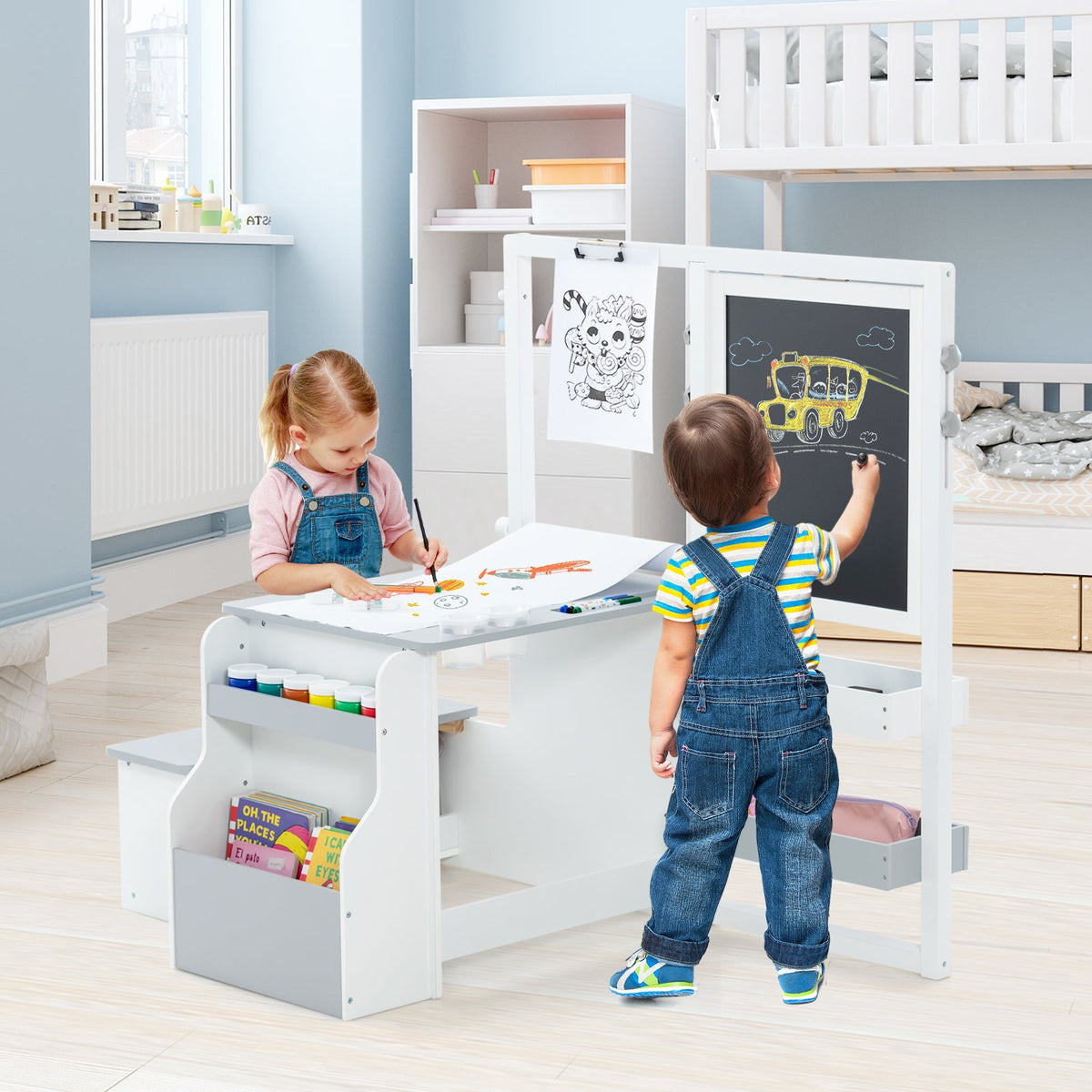 Kids Art Easel Table and Bench Set with Adjustable Easel and Bookshelf-Coffee