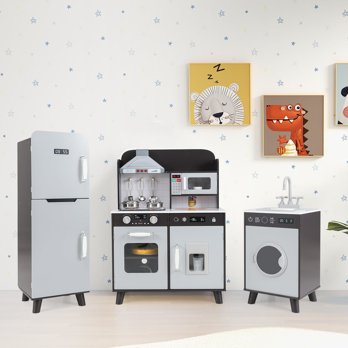 Kids Kitchen Playset with Refrigerator and Washing Machine-Black