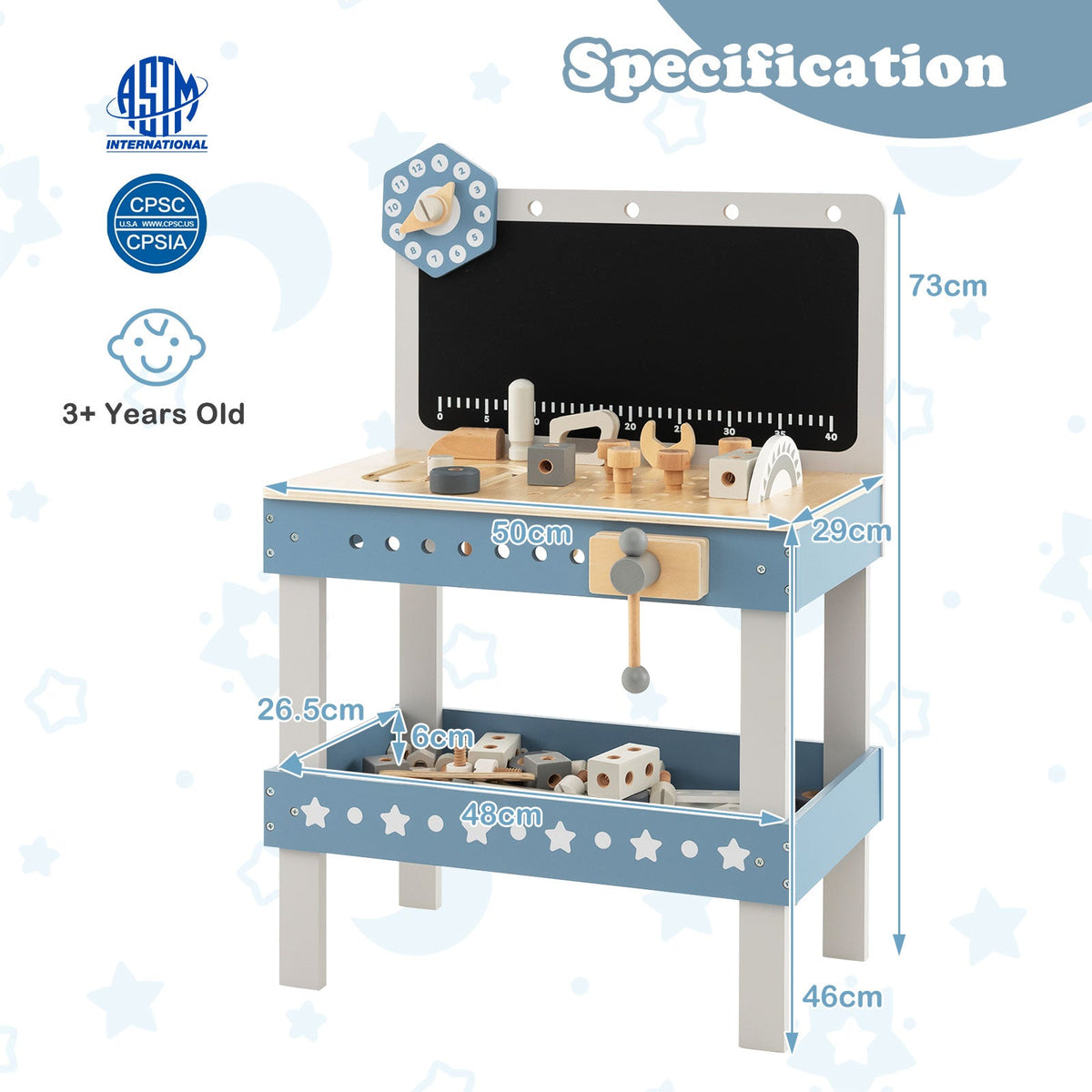 Kids Wooden Play Workbench with Blackboard and Tool Parts Set-Blue