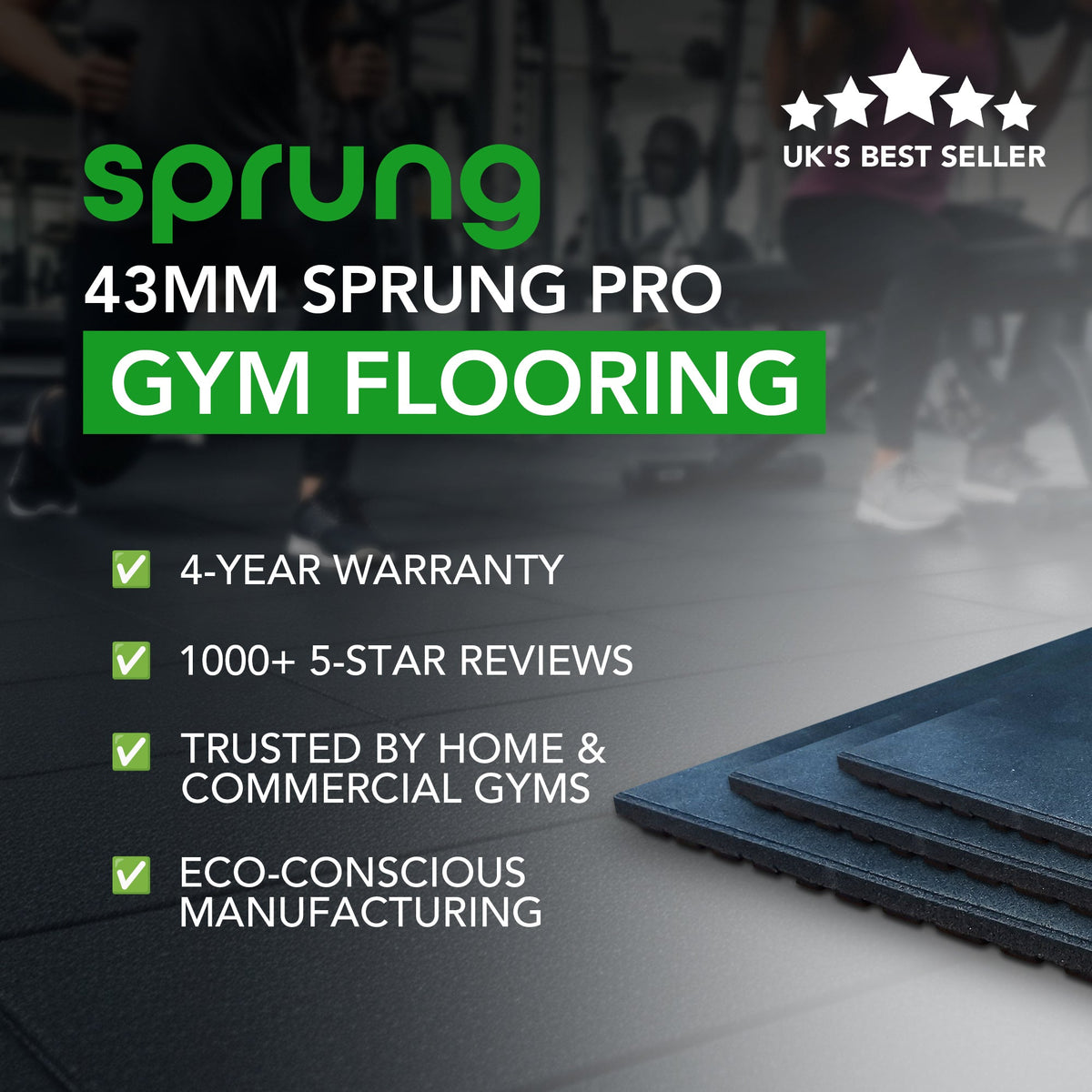43mm Rubber Gym Flooring Tiles – Anti-Shock Heavy Duty Gym Floor Tiles – Sprung PRO