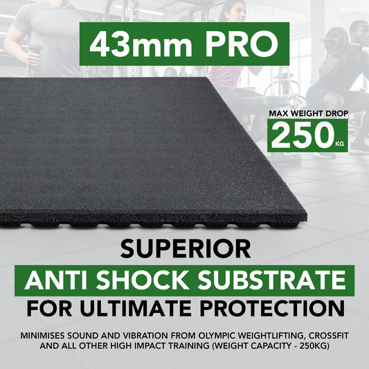 43mm Rubber Gym Flooring Tiles – Anti-Shock Heavy Duty Gym Floor Tiles – Sprung PRO