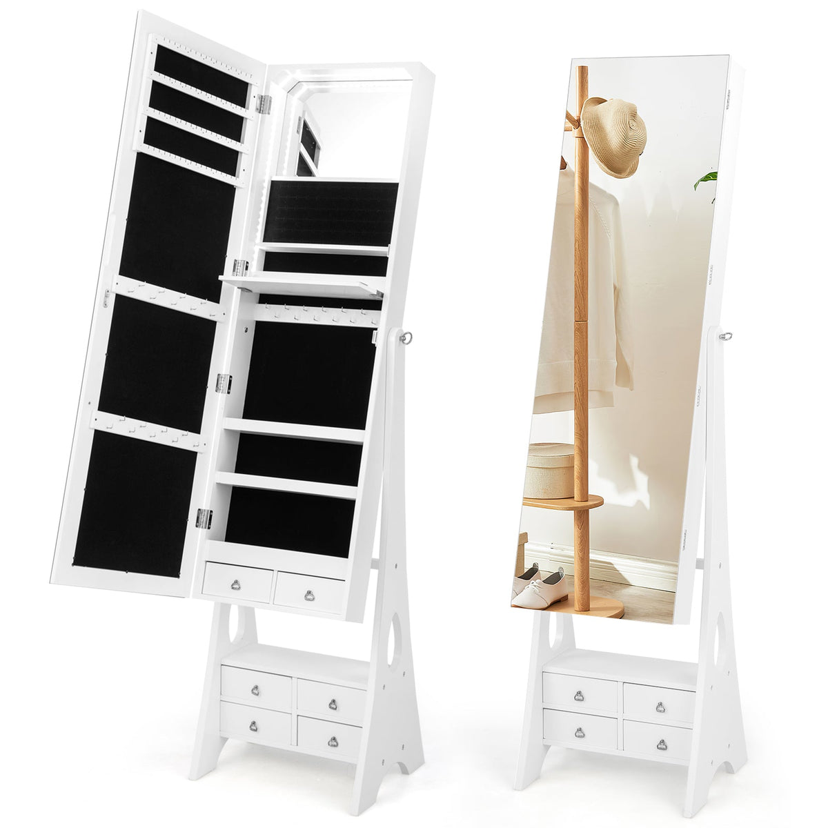 3-Color LED Lighted Jewelry Cabinet with Full-Length Mirror and Adjustable Tilt Angles-Black
