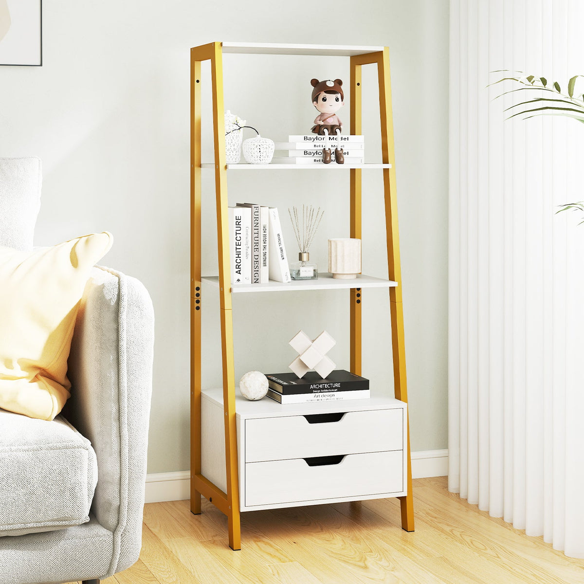 Ladder Bookshelf Tall Freestanding Display Rack with Storage-Rustic Brown