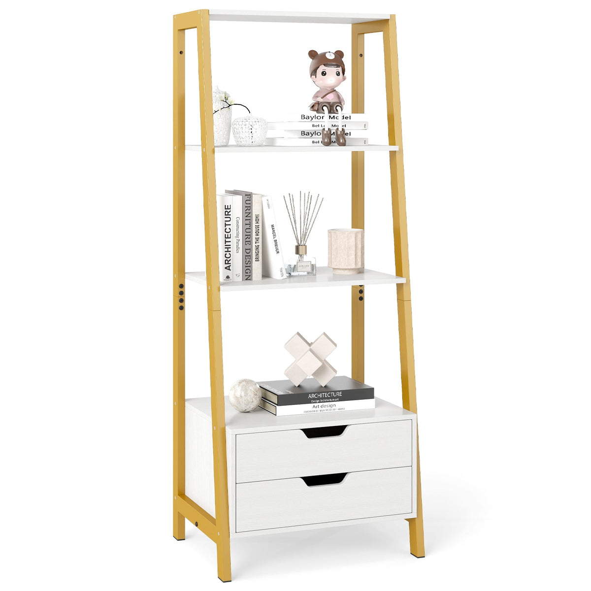 Ladder Bookshelf Tall Freestanding Display Rack with Storage-Rustic Brown