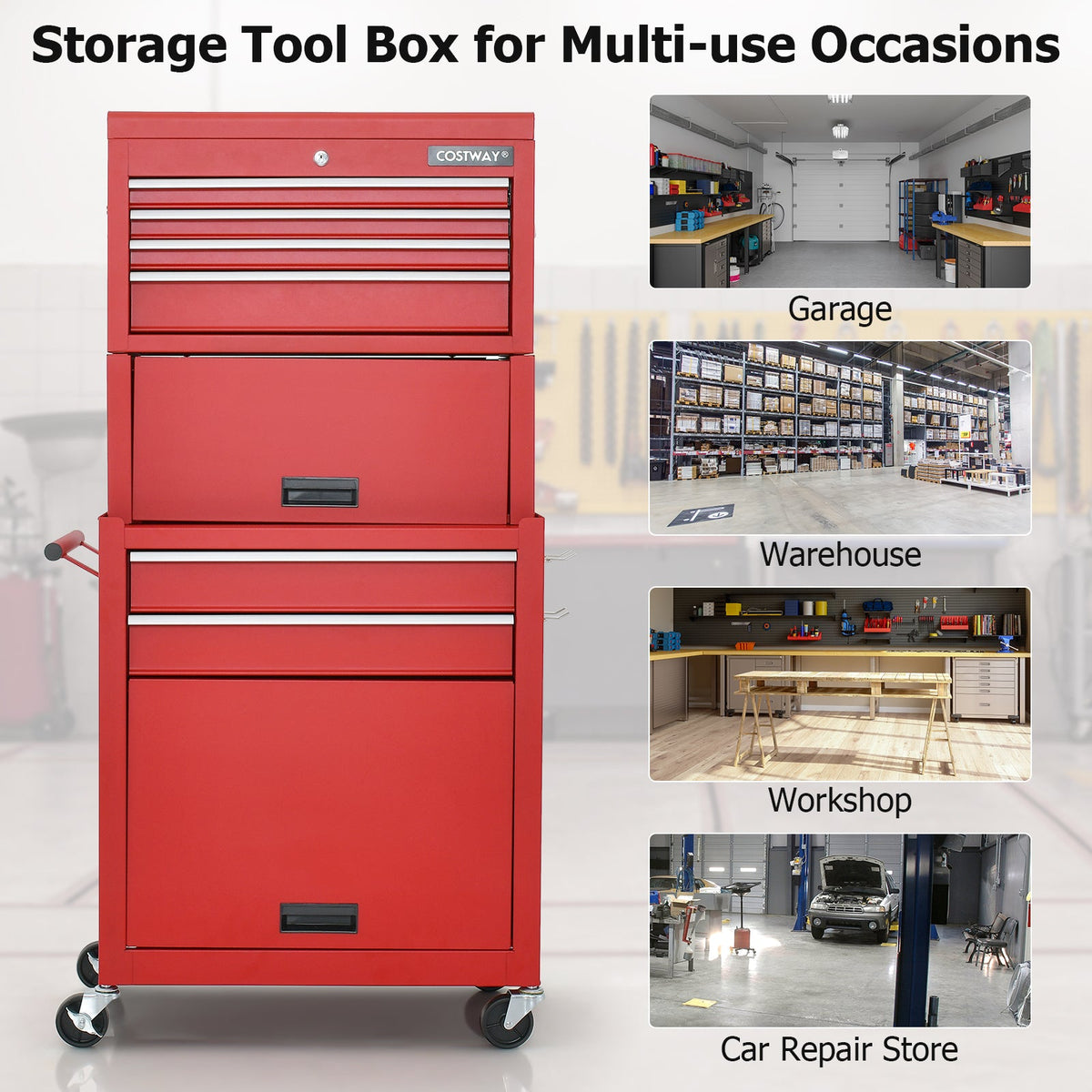 Lockable Tool Storage Cabinet with Handle, Drawers, Wheels and EVA Liner-Black