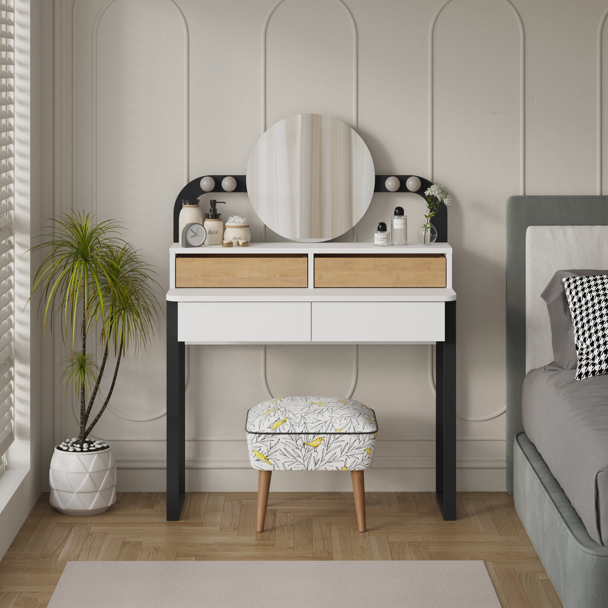 Lora Vanity Table with Round LED Mirror
