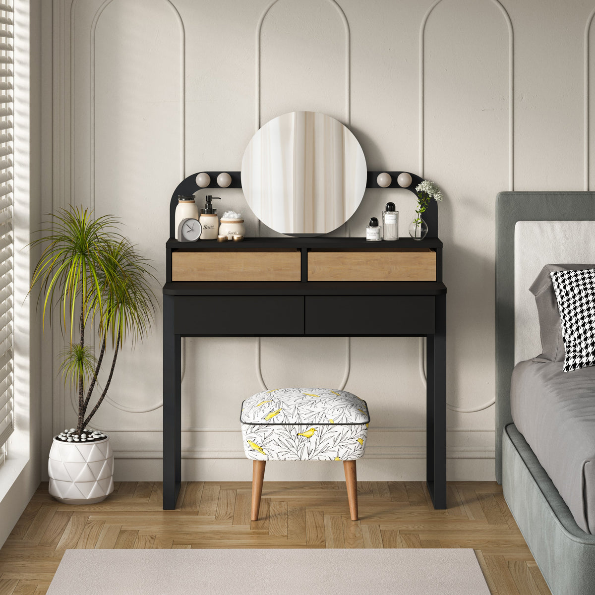 Lora Vanity Table with Round LED Mirror
