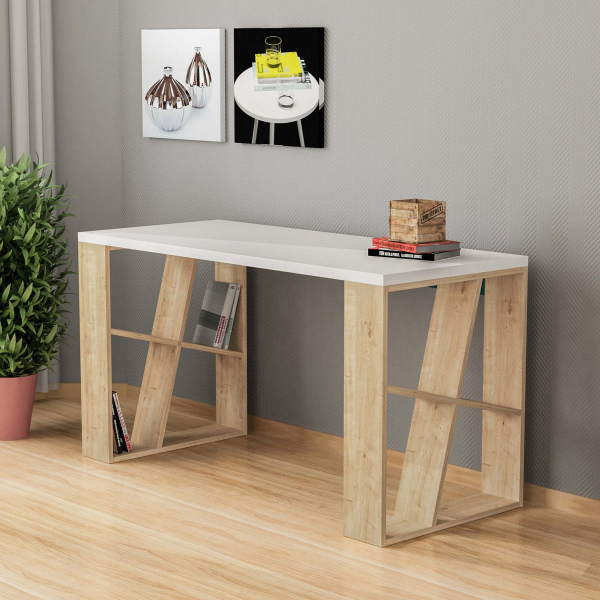 Honey Modern Desk With Bookshelf Legs Width 137cm