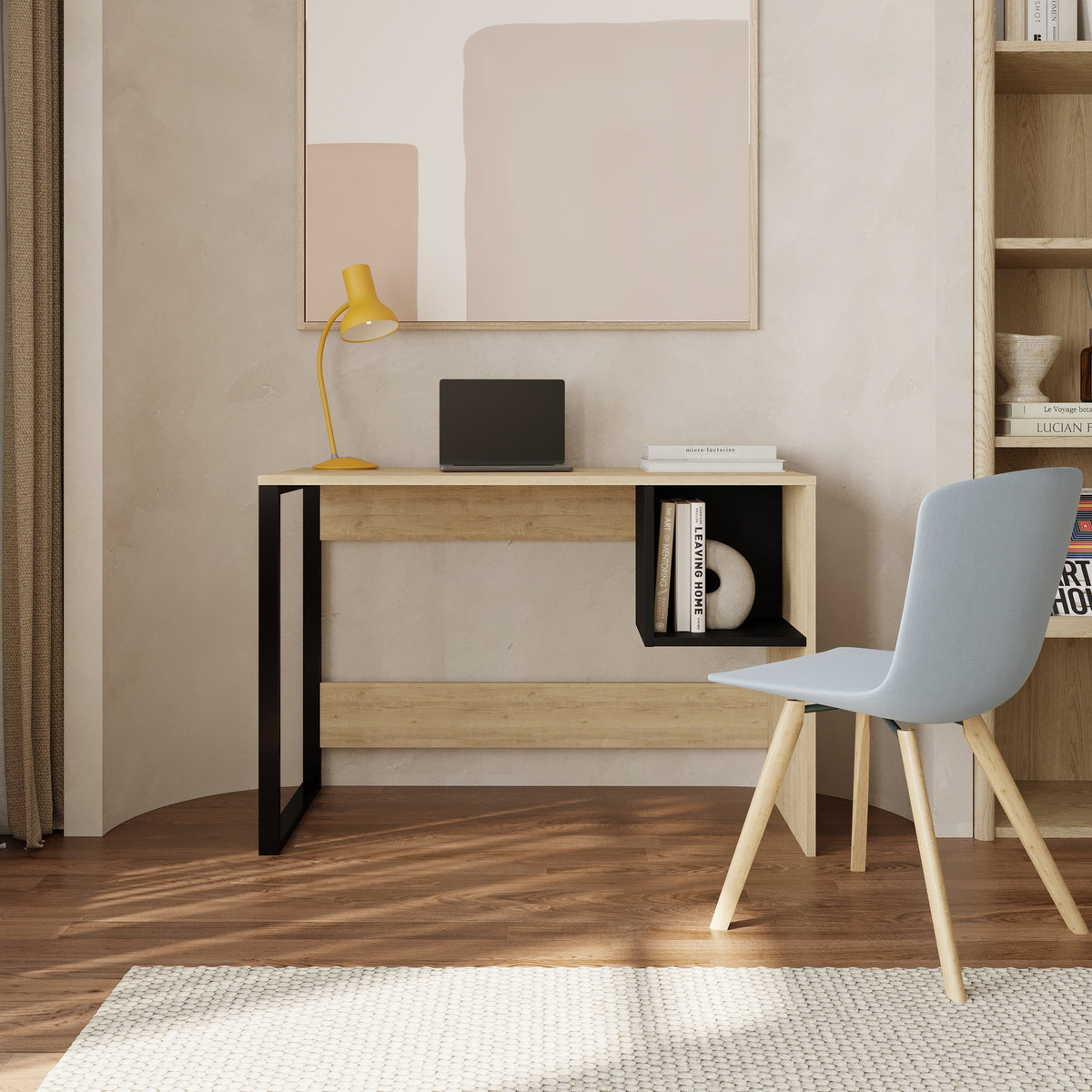 Model 4 Working Table with 1 Square Shelf - Oak - Black Wood