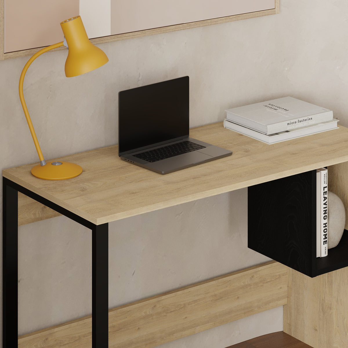 Model 4 Working Table with 1 Square Shelf - Oak - Black Wood