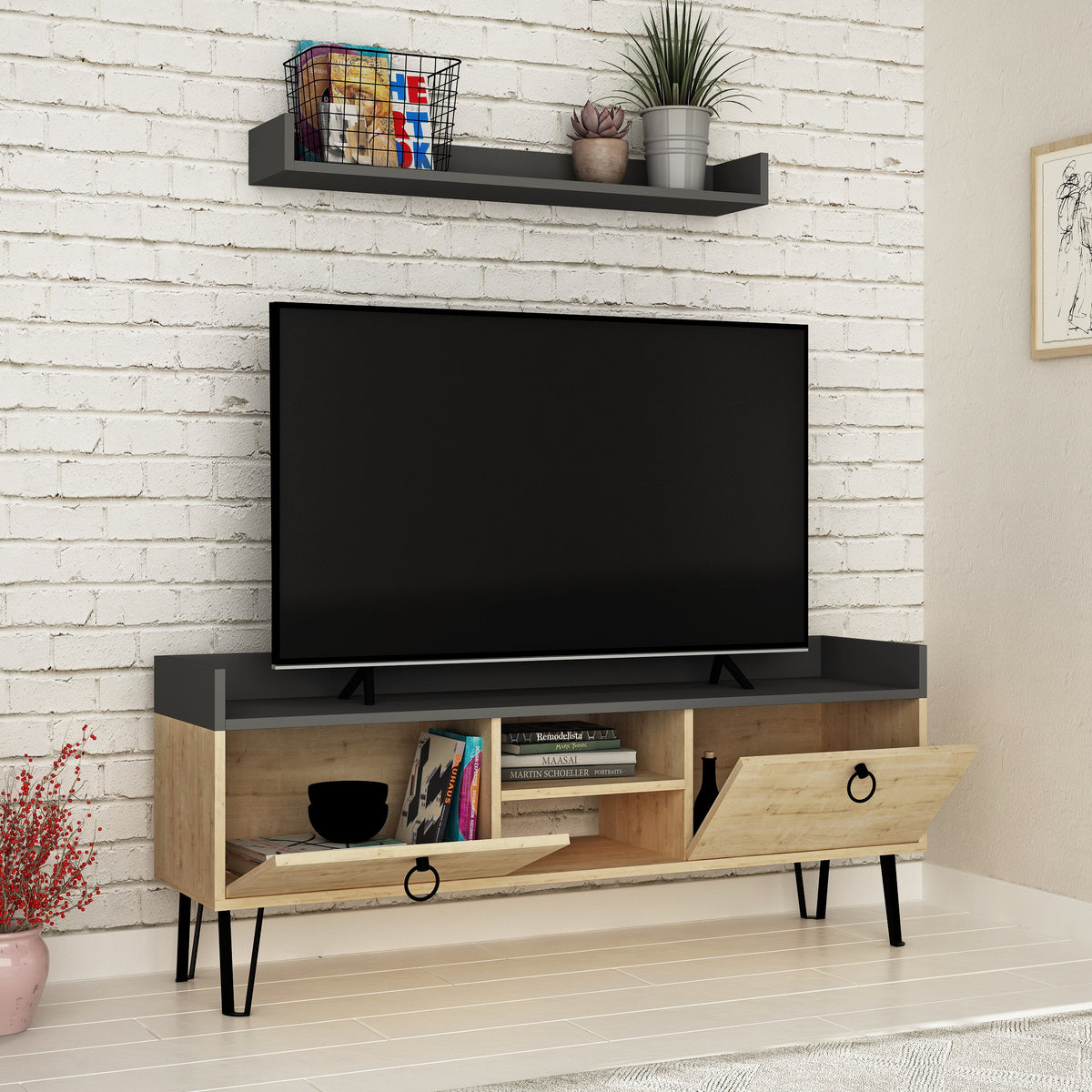 Keday Modern TV Stand Multimedia Centre With Wall Shelf Unit 140cm