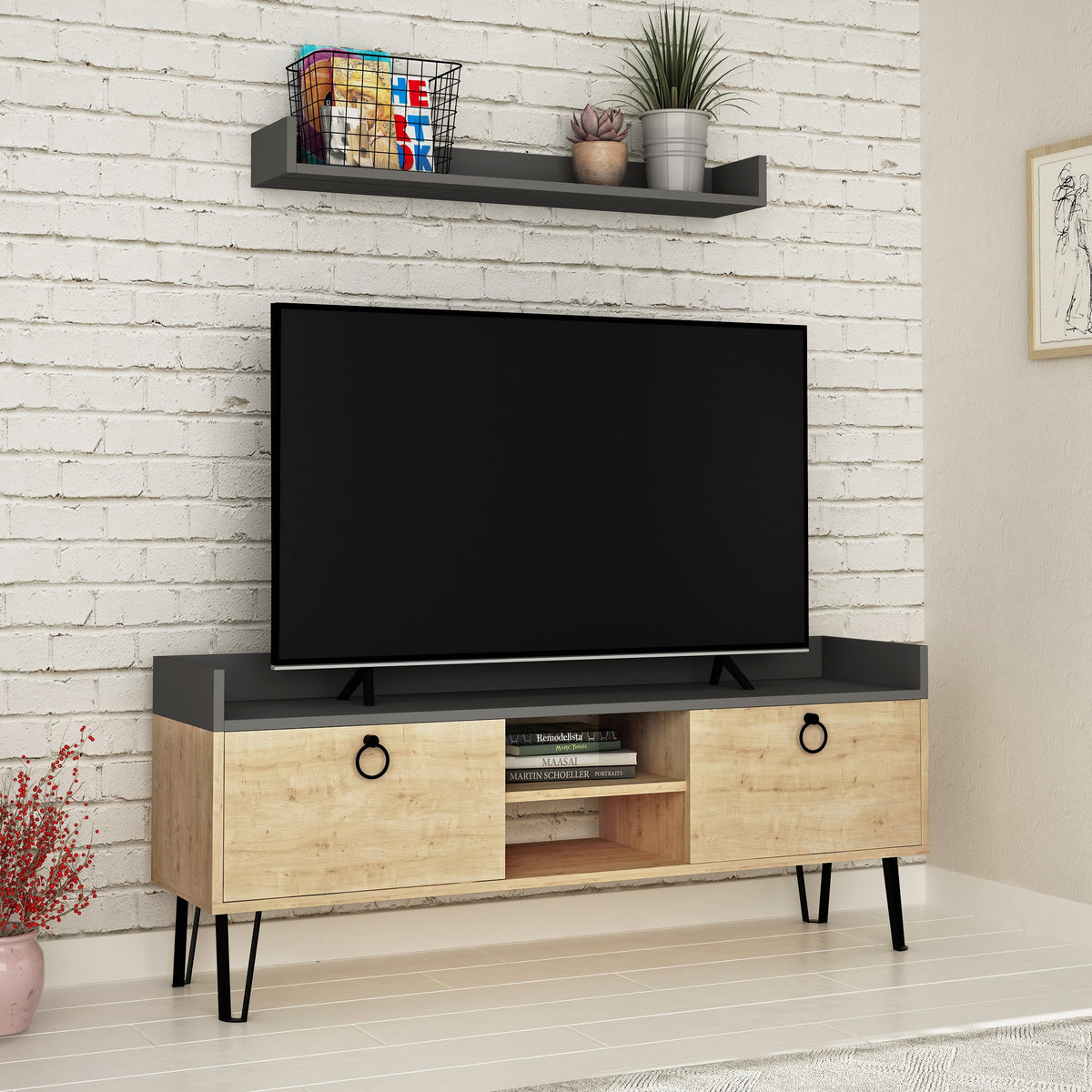Keday Modern TV Stand Multimedia Centre With Wall Shelf Unit 140cm
