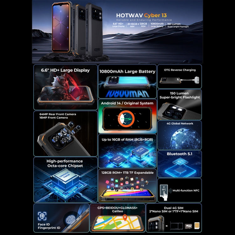 HOTWAV CYBER 13, IP68/IP69K Rugged Phone, 8GB+128GB, 10800mAh, 6.6 inch Android 14.0 Unisoc T606 Octa Core, Network: 4G, NFC, OTG