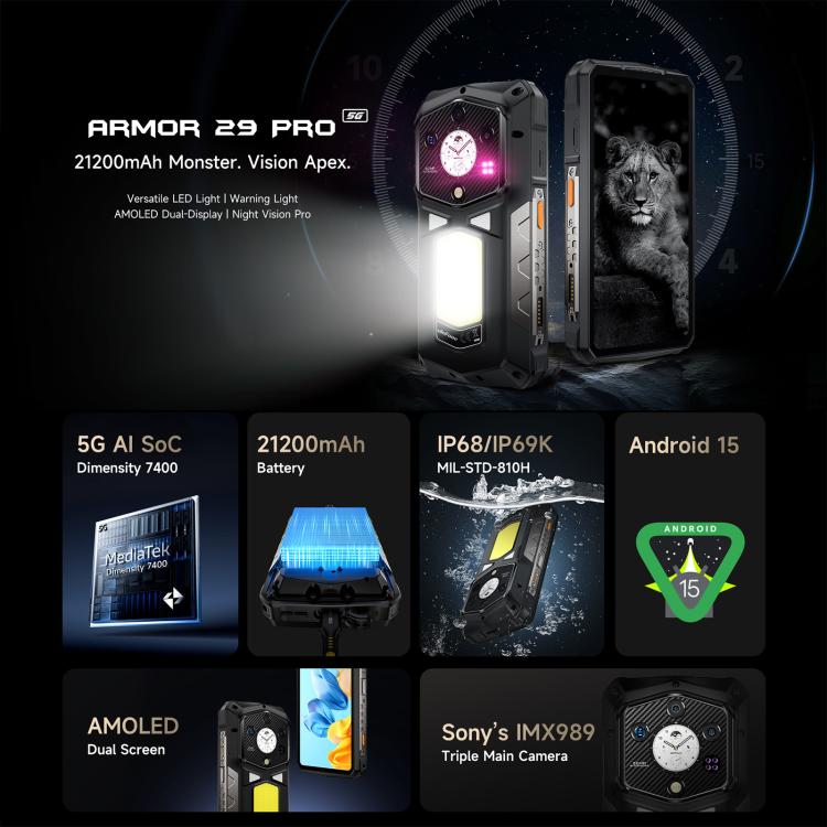 Ulefone Armor 29 Pro Rugged Phone, 16GB+512GB, Night Vision, 6.67 inch + 1.04 inch Android 15 MediaTek Dimensity 7400 Octa Core, Network: 5G, OTG, NFC, Armor 29 Pro