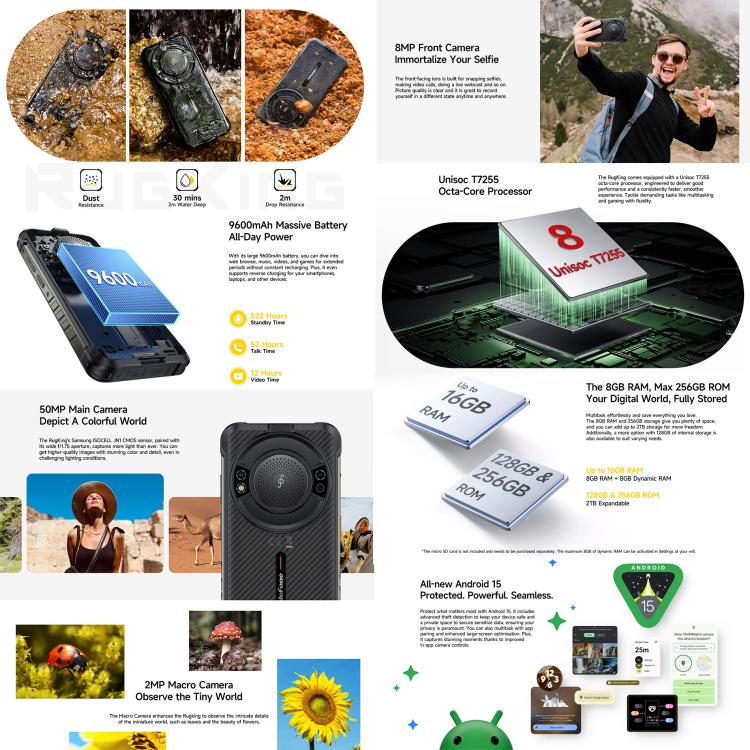 Ulefone RugKing, 8GB+128GB, IP68/IP69K Rugged Phone, 5.99 inch Android 15 Unisoc T7255 Octa Core, Network: 4G, NFC, OTG, RugKing, 8GB+128GB