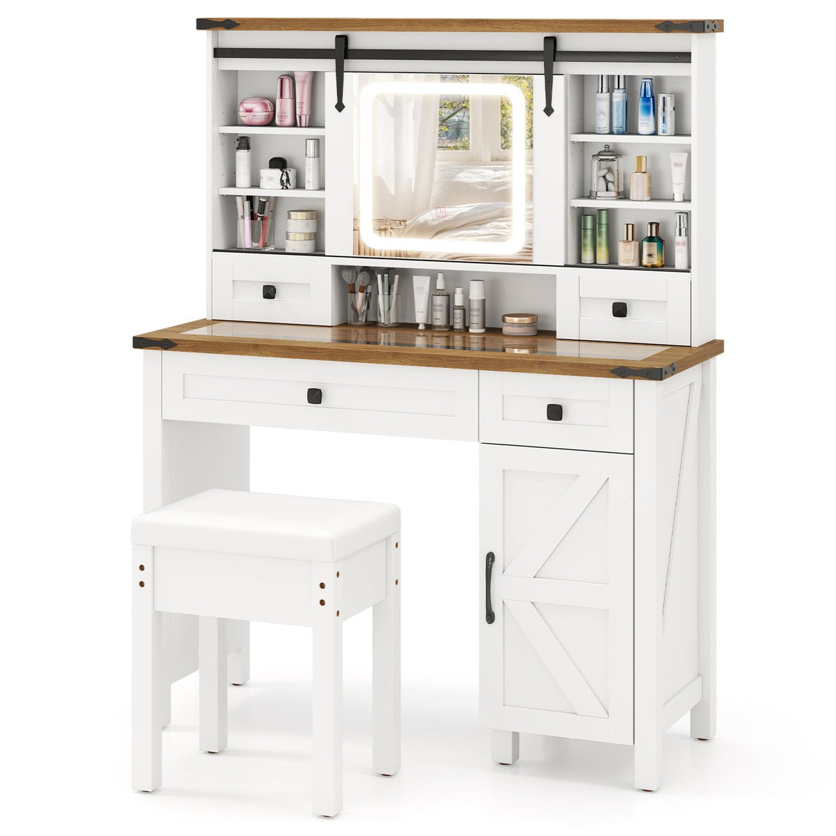 Makeup Vanity Desk and Stool Set with Sliding Mirror and Cabinet-White