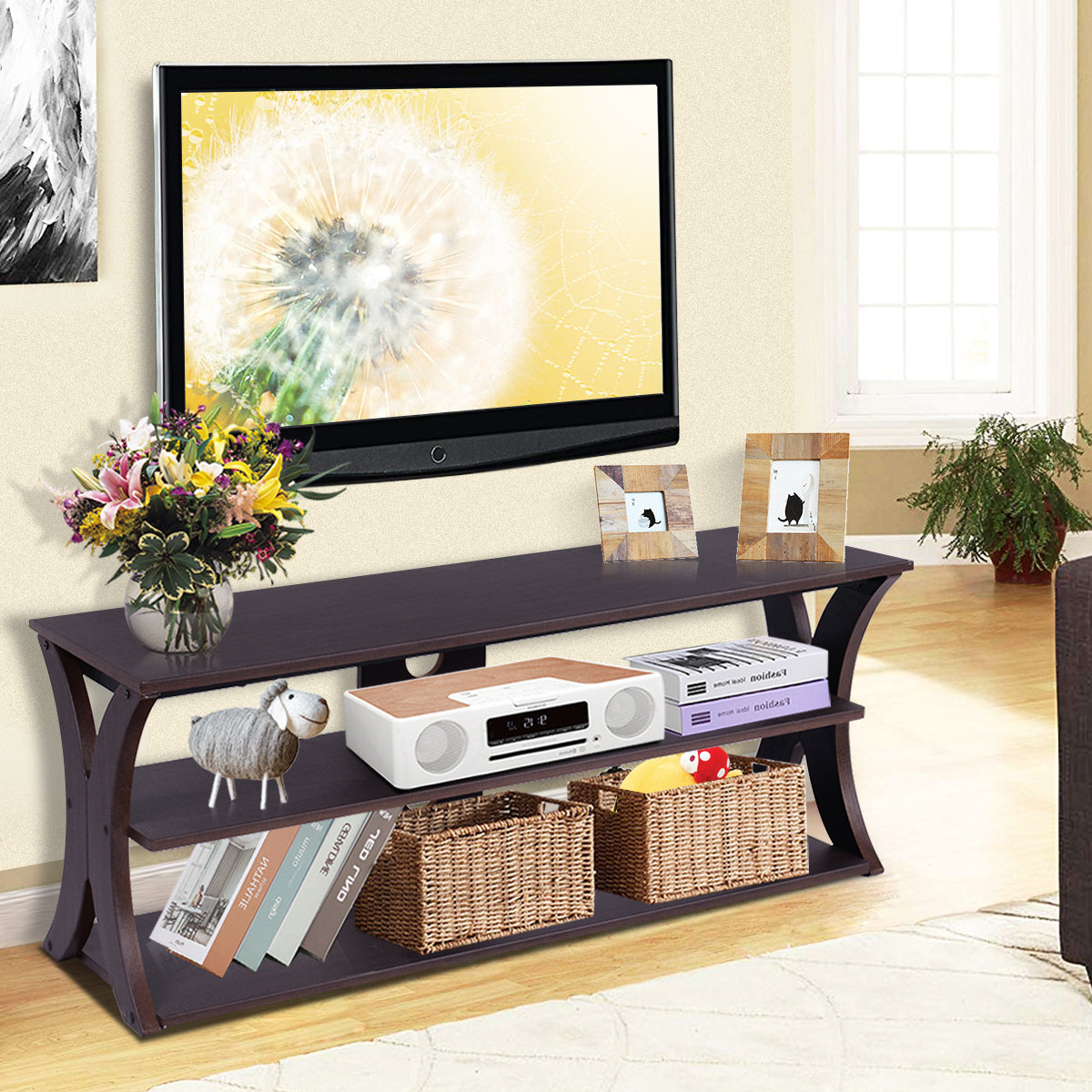 Media Console Table with Open Storage Shelves for Living Room Bedroom