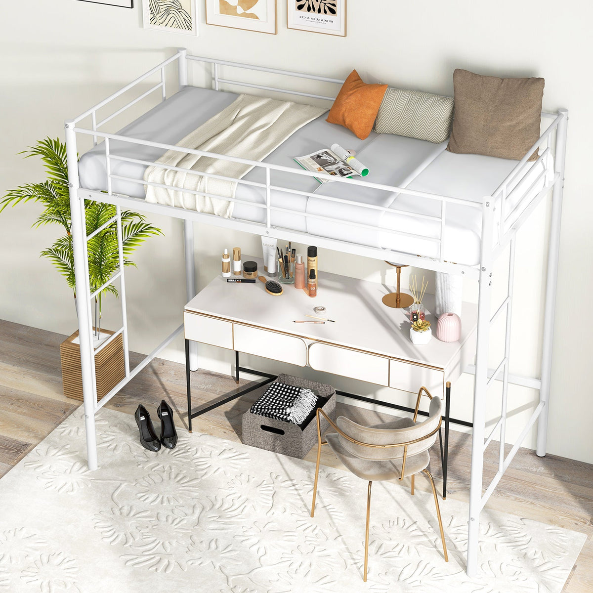 Metal Space-saving Loft Bed Frame with Full-length Safety Guardrail-Black