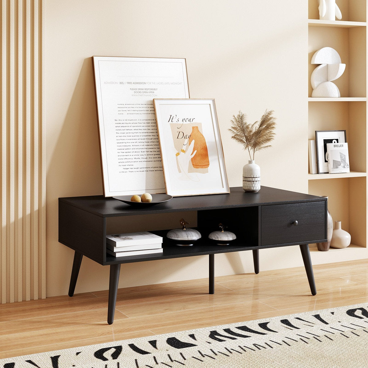 109cm Rectangular Coffee Table with Drawer and Storage Shelf-Black